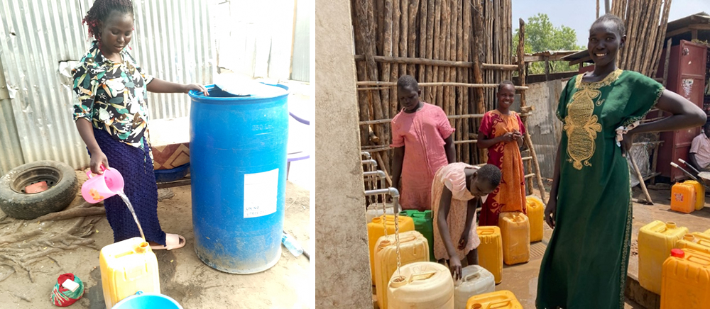Aciro draws water from the storage drum she previously relied on (left), while a woman and girls fetch water from a community-managed water point established under the Safe Water Initiative, now serving more than 300 families in Juba (right)