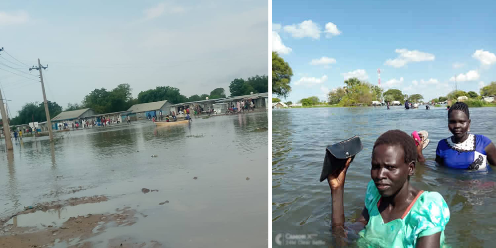 Left: Bor town market in Jonglei State submerged by floods.   Right: Women from a village near Bor town walk through flood water almost above their chests. 
