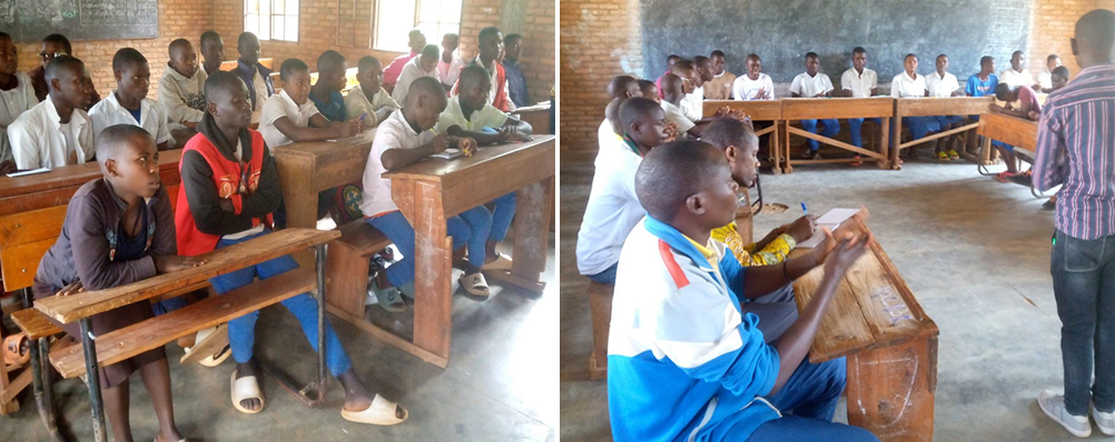 Students participate in a training session on natural resource and biodiversity management, school hygiene and sanitation, and the Blue School approach (left), alongside members of the school environmental clubs following a sensitisation session on natural resource and biodiversity management (right).